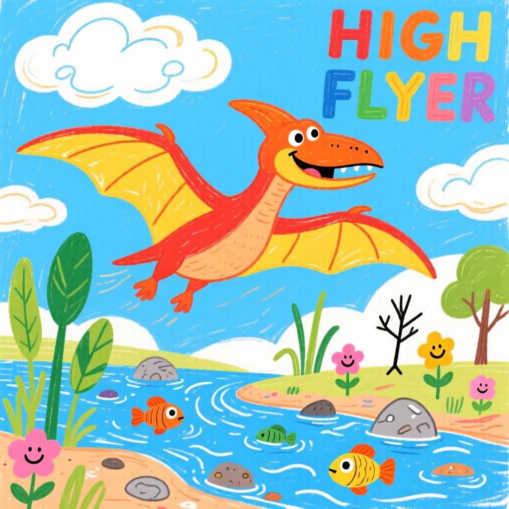 A soaring pterodactyl gliding above the clouds wading through a shallow prehistoric river.
