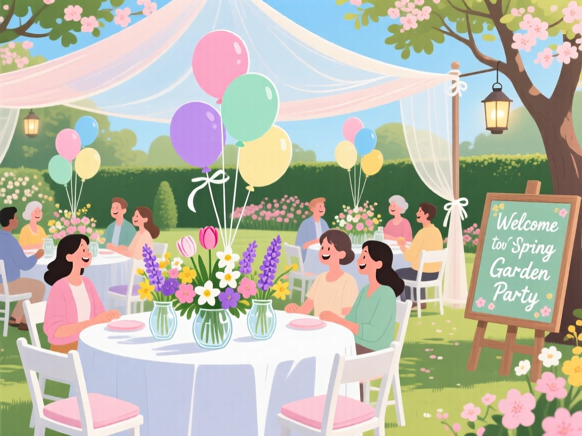 A festive spring garden party with blooming floral centerpieces, set beneath a canopy of festive balloons, framed to capture the festive atmosphere in full detail, with a joyful sense of togetherness and celebration.