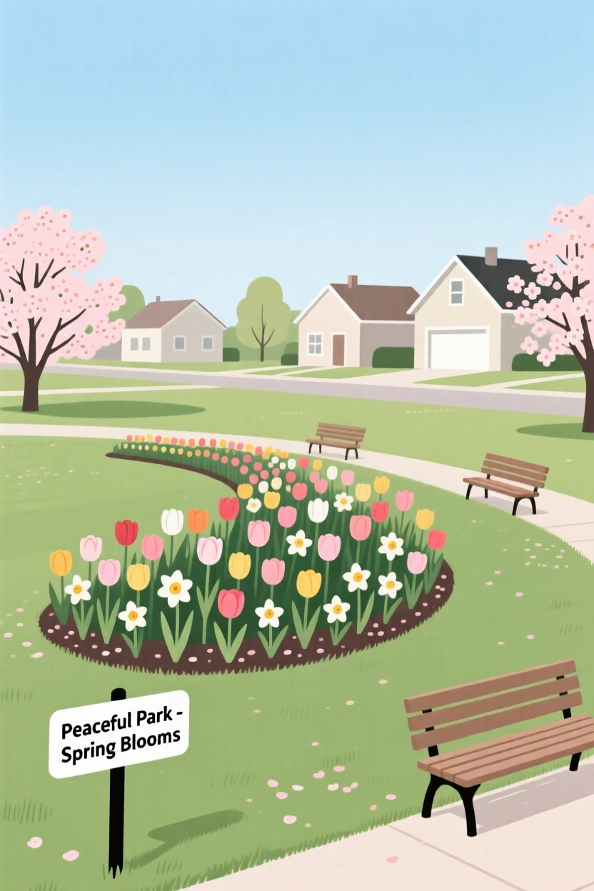 A spring scene of flowers blooming in a quiet suburban park.