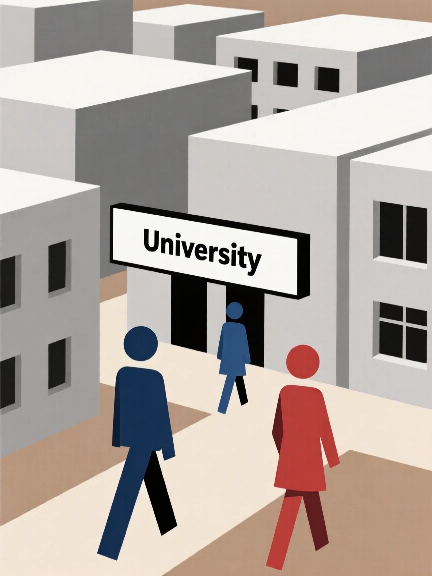 A university campus with students walking between buildings