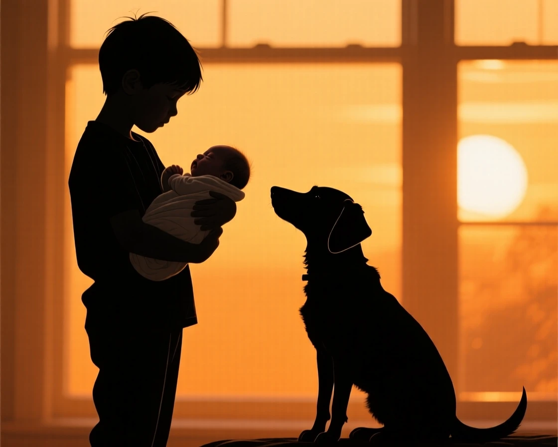 A young boy showing his newborn sibling to a curious family dog.