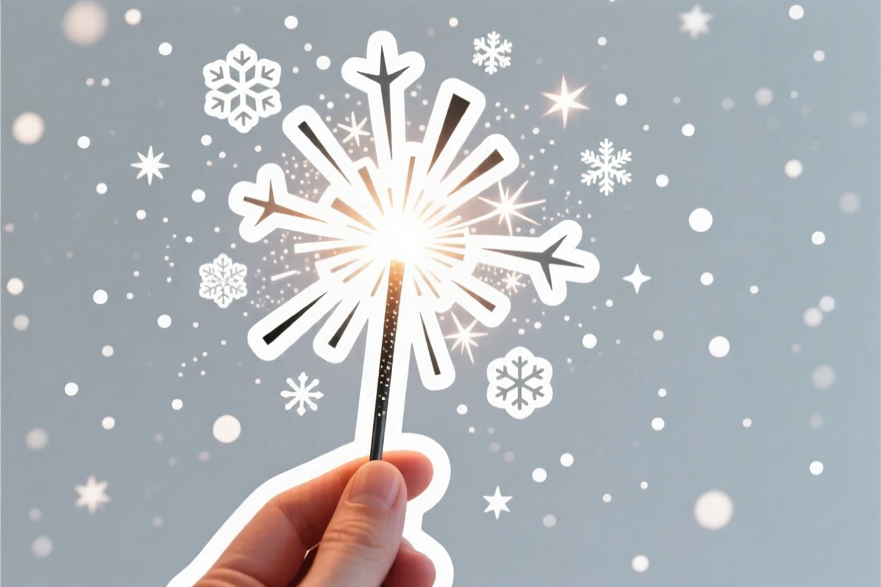 A spirited and joyful sparkler held up against a night sky, with a light dusting of glittering snow, during the most magical time of year.