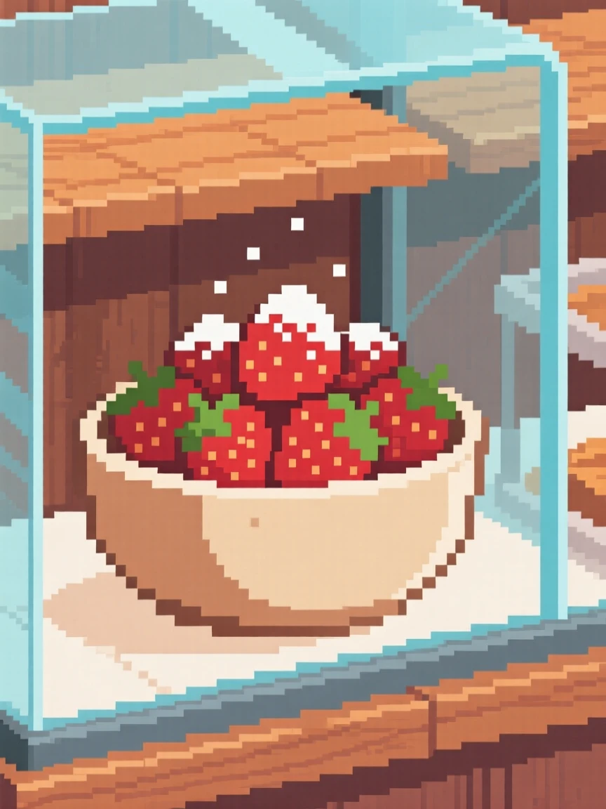 A bowl of fresh strawberries topped with a dusting of powdered sugar, in a cozy bakery display case.