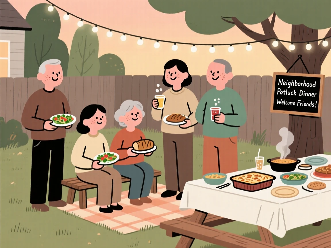 Neighbors gather for a potluck dinner in the backyard, sharing homemade dishes and conversation as laughter fills the warm evening air.