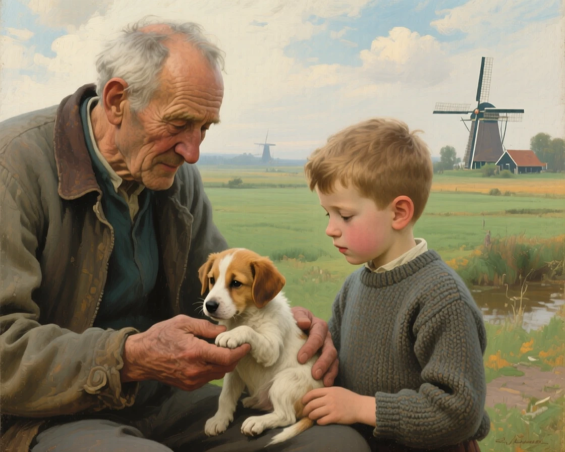A close-up portrait of a grandfather teaching his grandson to care for a new puppy, in the Dutch countryside, in the 1960s.