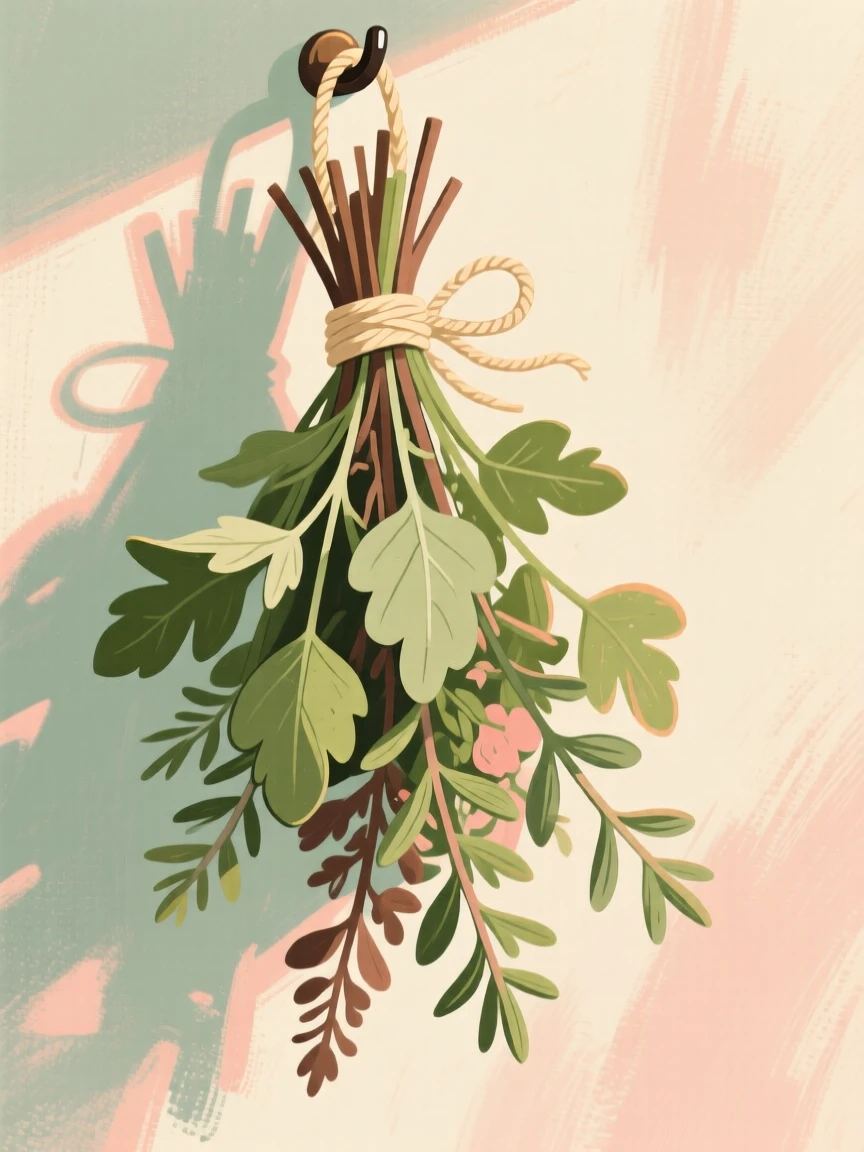 A bunch of fresh herbs tied together and hanging to dry