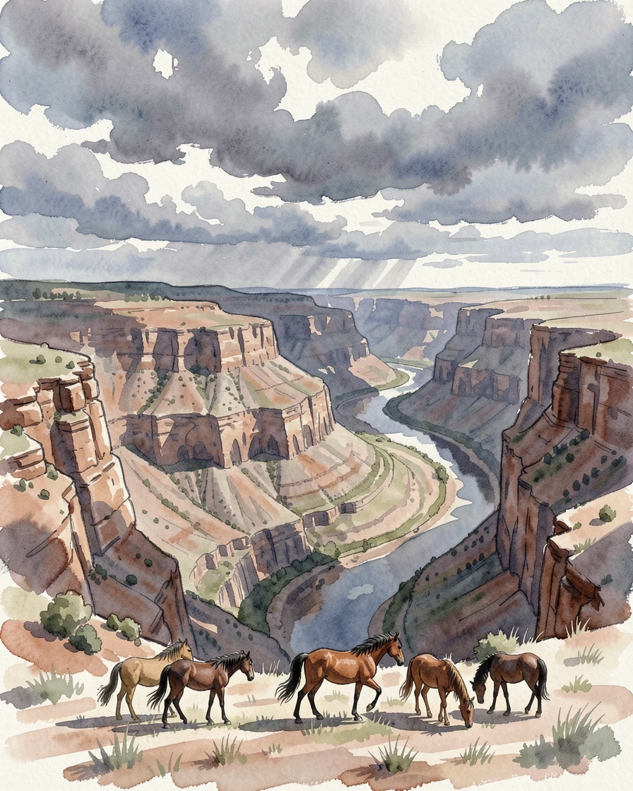 A canyon carved by a river as storm clouds gather with wild horses grazing nearby.