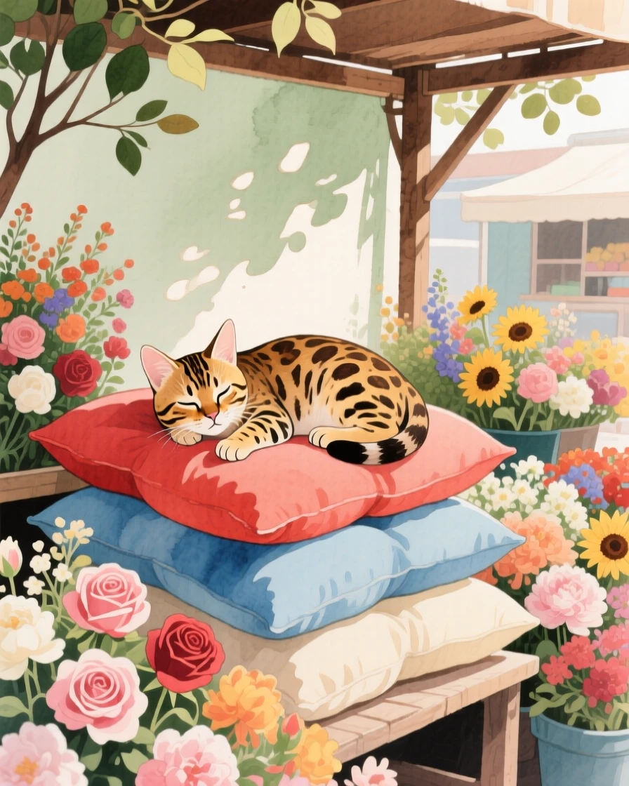 A Bengal kitten rests atop a pile of pillows in a market stall of flowers, while soft light filters through nearby leaves