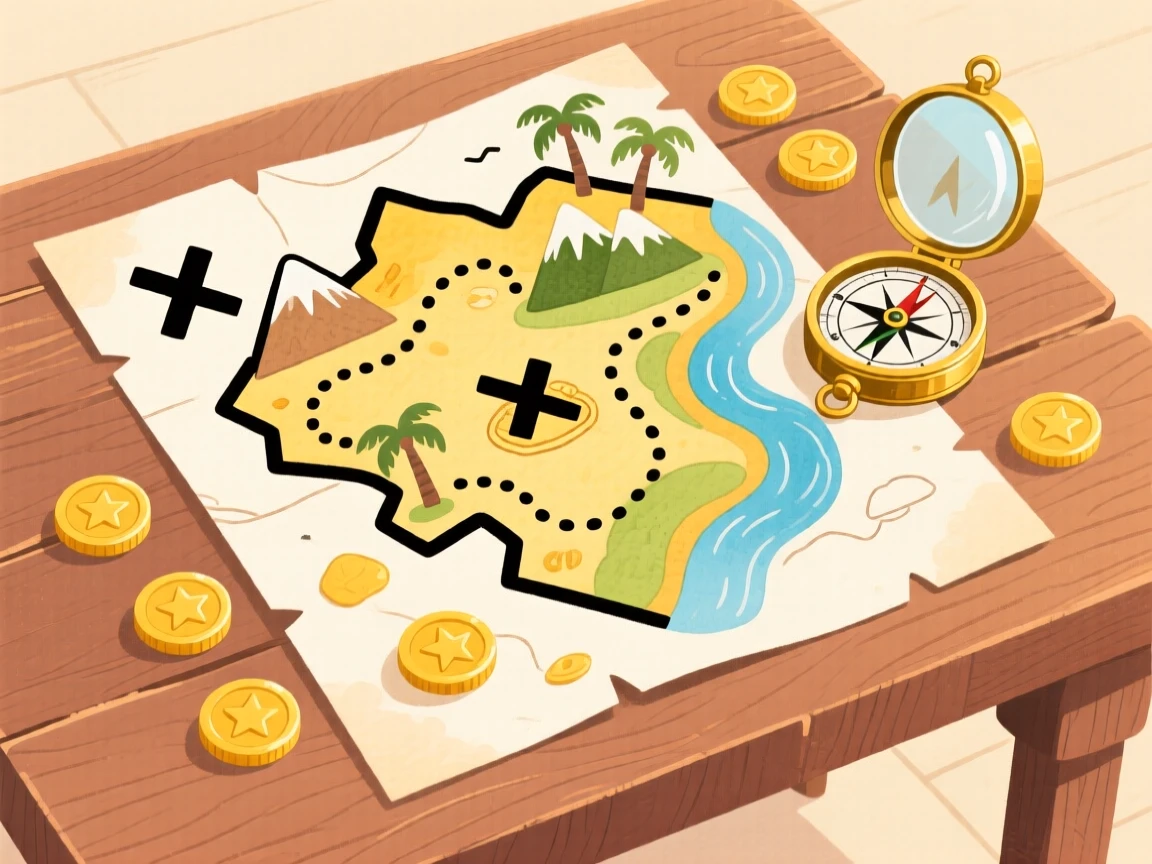 An adventurous scene of a treasure map spread across a table with a compass and coins.
