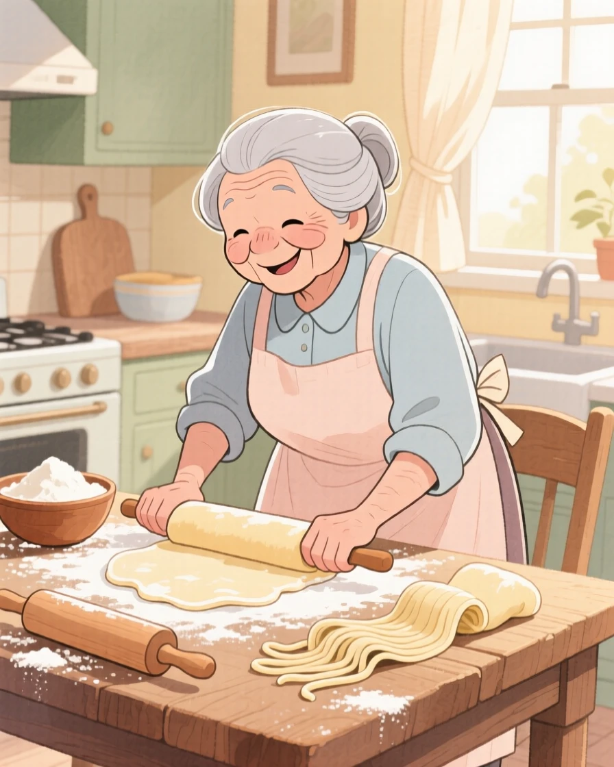 A grandmother rolling out fresh pasta dough on a flour-dusted wooden table, radiating delicious coziness.