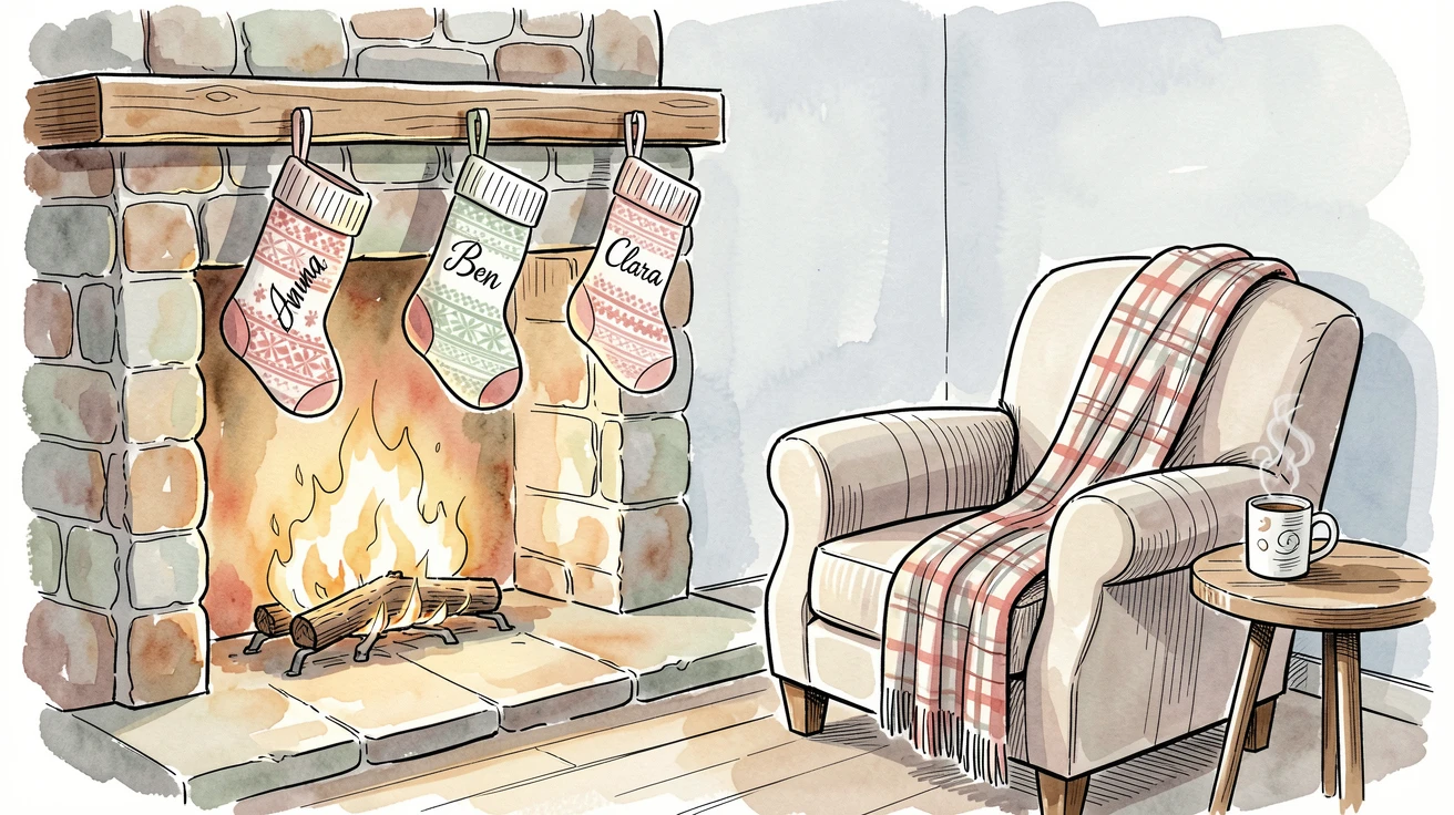 A cozy winter evening with stockings hung and a fire crackling softly, a nostalgic, comforting atmosphere settling over the scene.