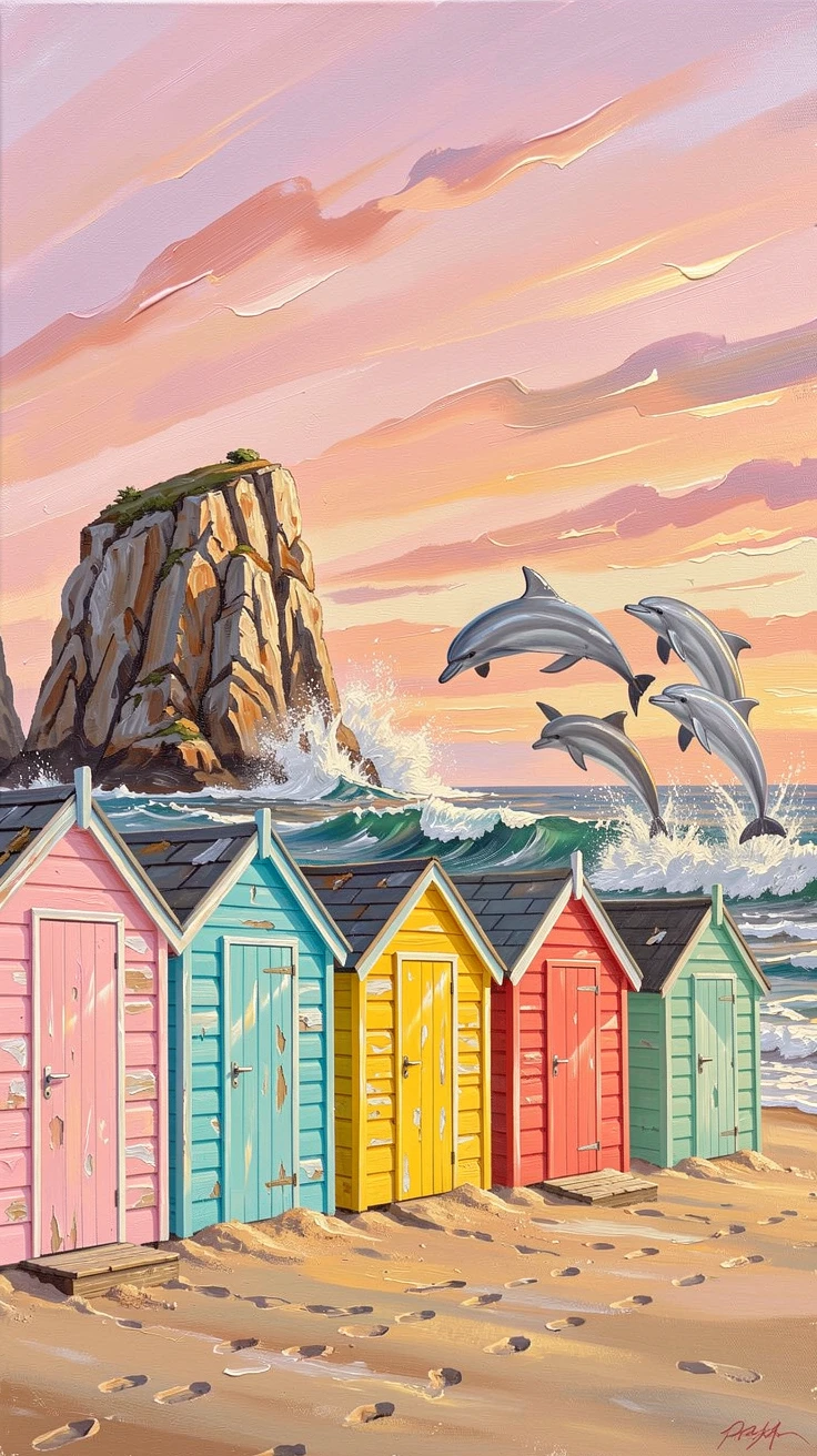 A row of colorful beach huts along the shore, where waves crash against weathered sea stacks, a pod of dolphins leaping just beyond the breakers, at sunrise, the sky streaked with soft pink and orange.
