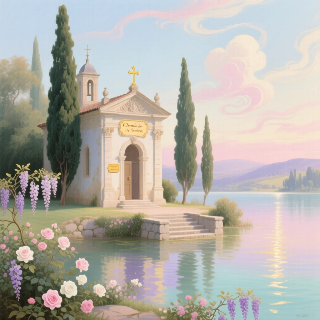 A small chapel beside a lake, framed by tall cypress trees  