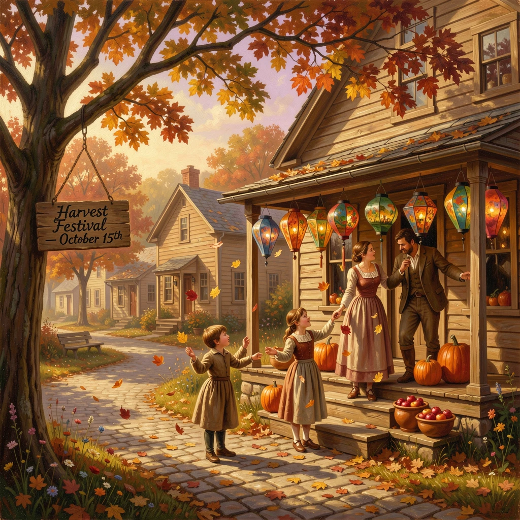 A young family decorates their home for a festival in the village square as autumn leaves drift down.