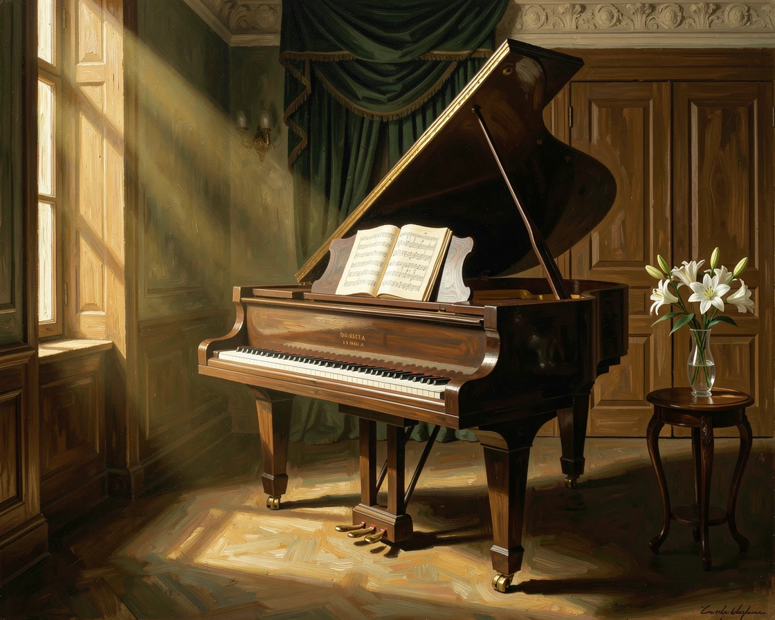 A grand piano beneath a shaft of golden light in an elegant room, captured with meticulous attention to material and craftsmanship, capturing timeless beauty through carefully chosen objects