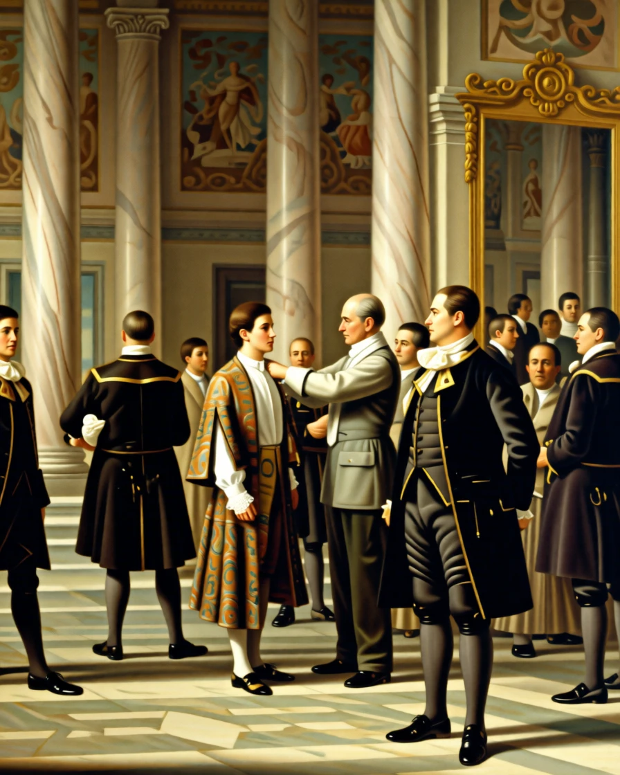 A young duke being fitted for his ceremonial coat by a tailor amid the elegant bustle of a formal evening, set in a frescoed reception hall lined with marble columns, with liveried servants moving quietly among the guests; a mirror in the background subtly doubles the scene's elegance, evoking refinement, tradition, and quiet opulence.