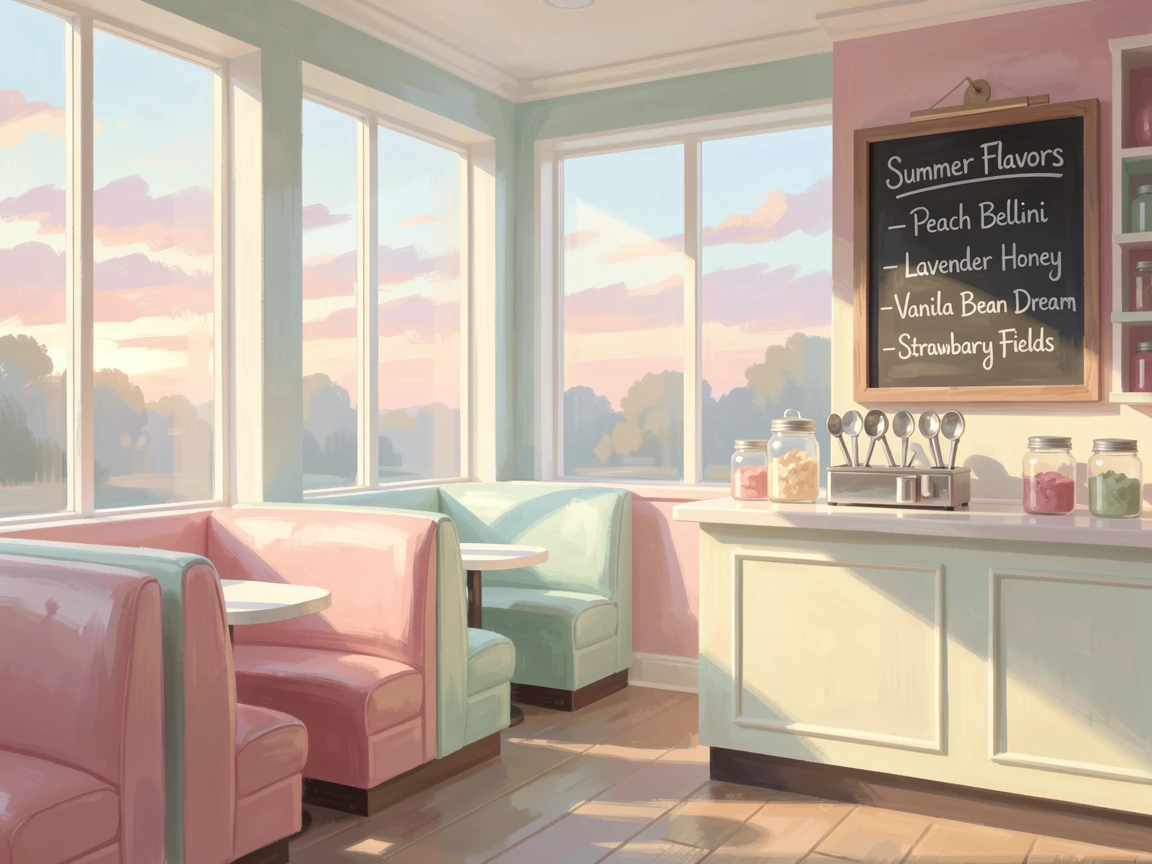 A charming ice cream parlor with pastel booths and a chalkboard menu on a sunny summer afternoon, as the first light of dawn breaks, conveying a feeling of romance and tranquility.