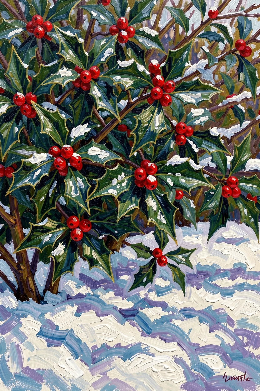 A winter garden with red holly berries bright against a blanket of fresh snow.