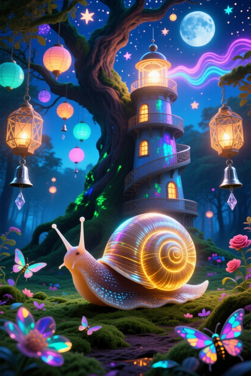 A snail carrying a glowing lighthouse instead of a shell pauses beneath a tree hung with glowing lanterns, while soft chimes seem to ring with each of its movements.