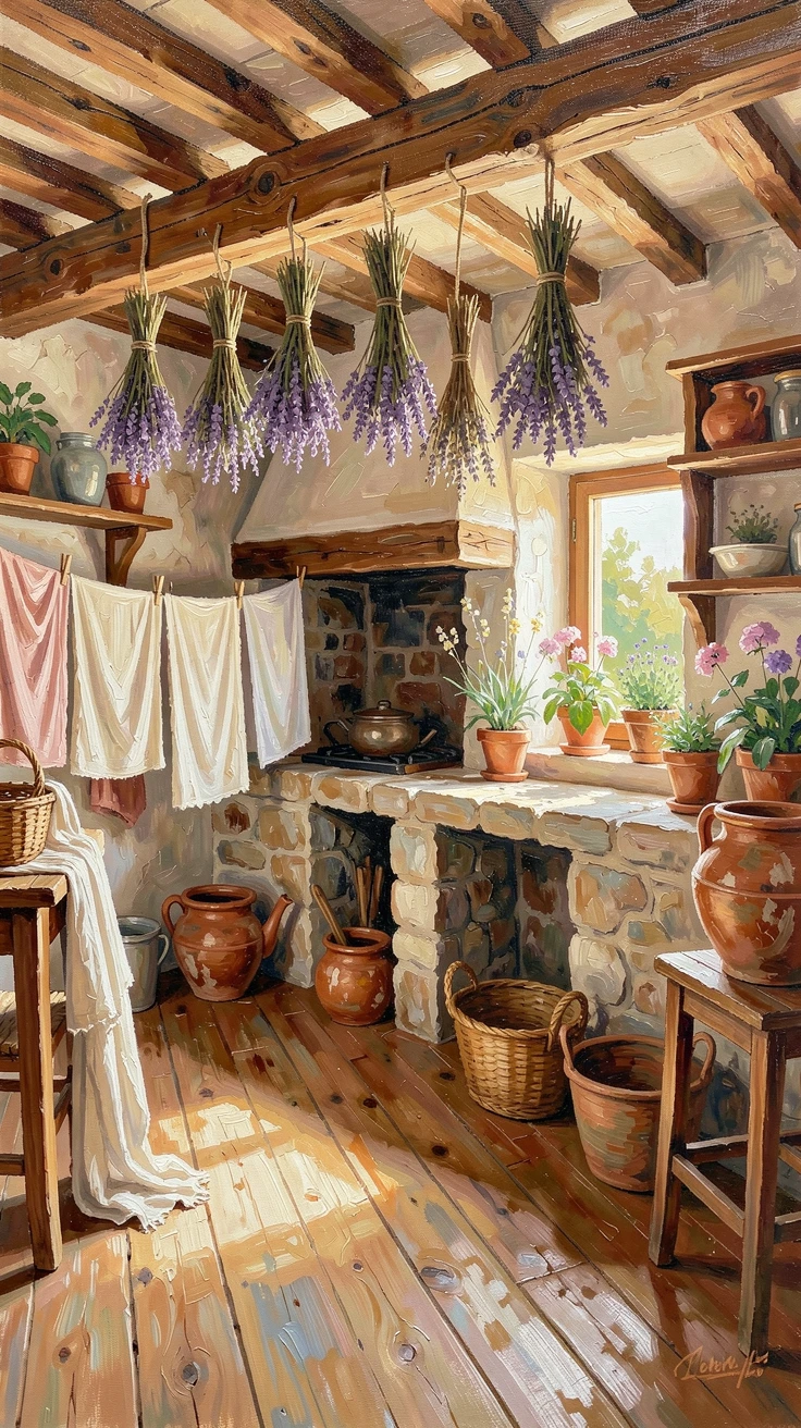 A charming Provençal farmhouse kitchen shows exposed wooden beams, a large stone hearth, and bunches of dried lavender hanging from the ceiling, small everyday details, like drying laundry or potted plants, giving the scene a lived-in warmth.