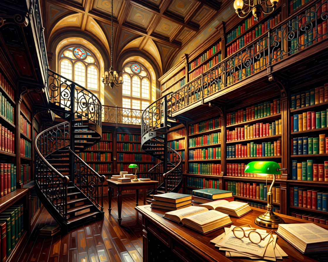 A grand old library with spiral staircases connecting towering shelves of leather-bound books
