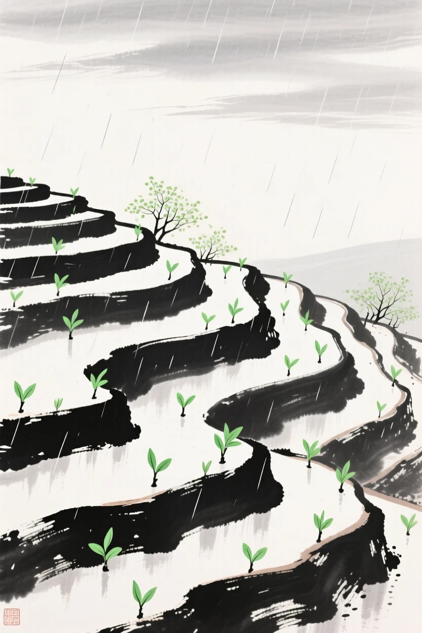 New green shoots emerge across a terraced hillside after the first spring rain, beneath a sky washed clean by recent rain.