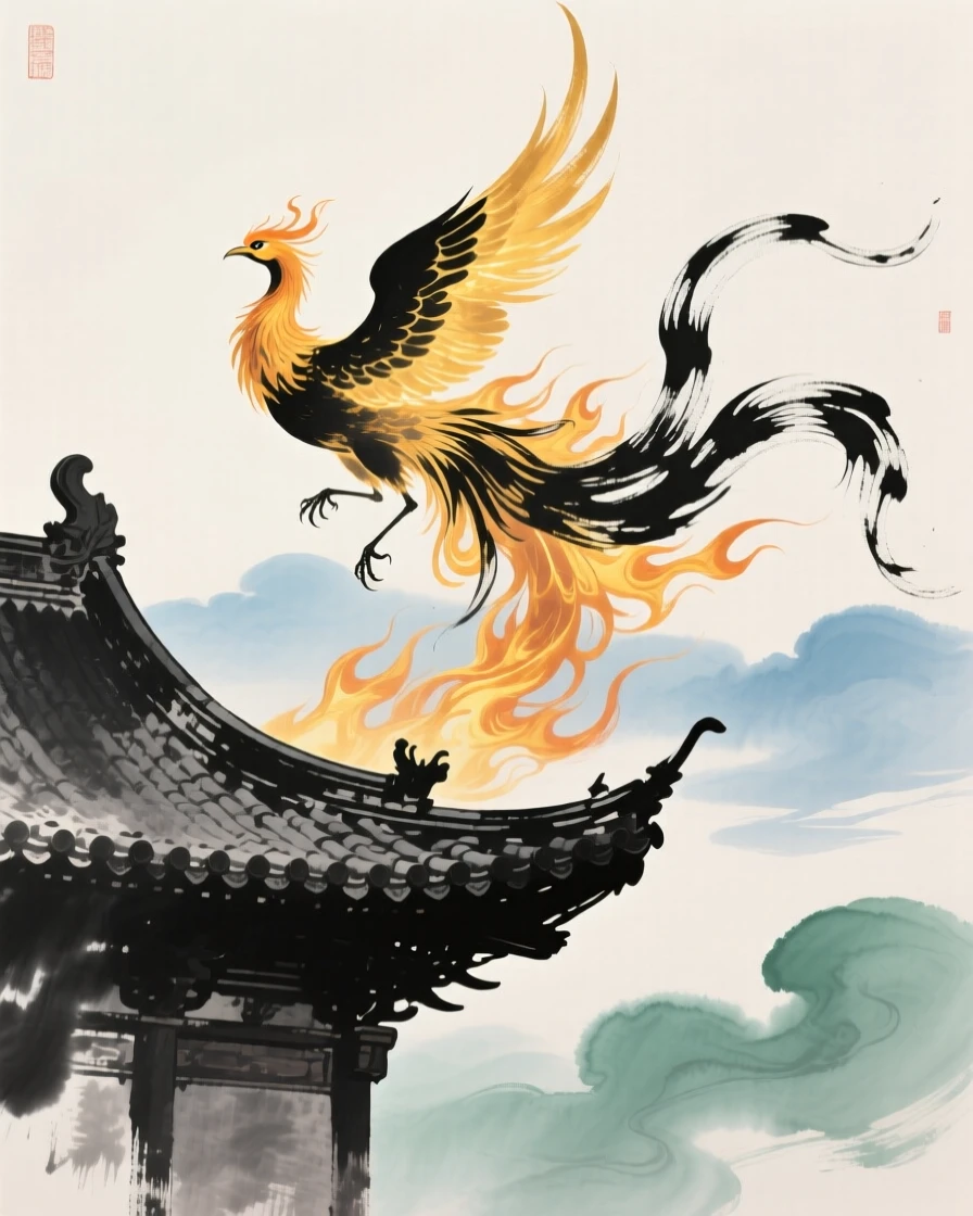 A phoenix rising in flames of golden light above an ancient temple roof, full of quiet reverence, beneath low hanging clouds.