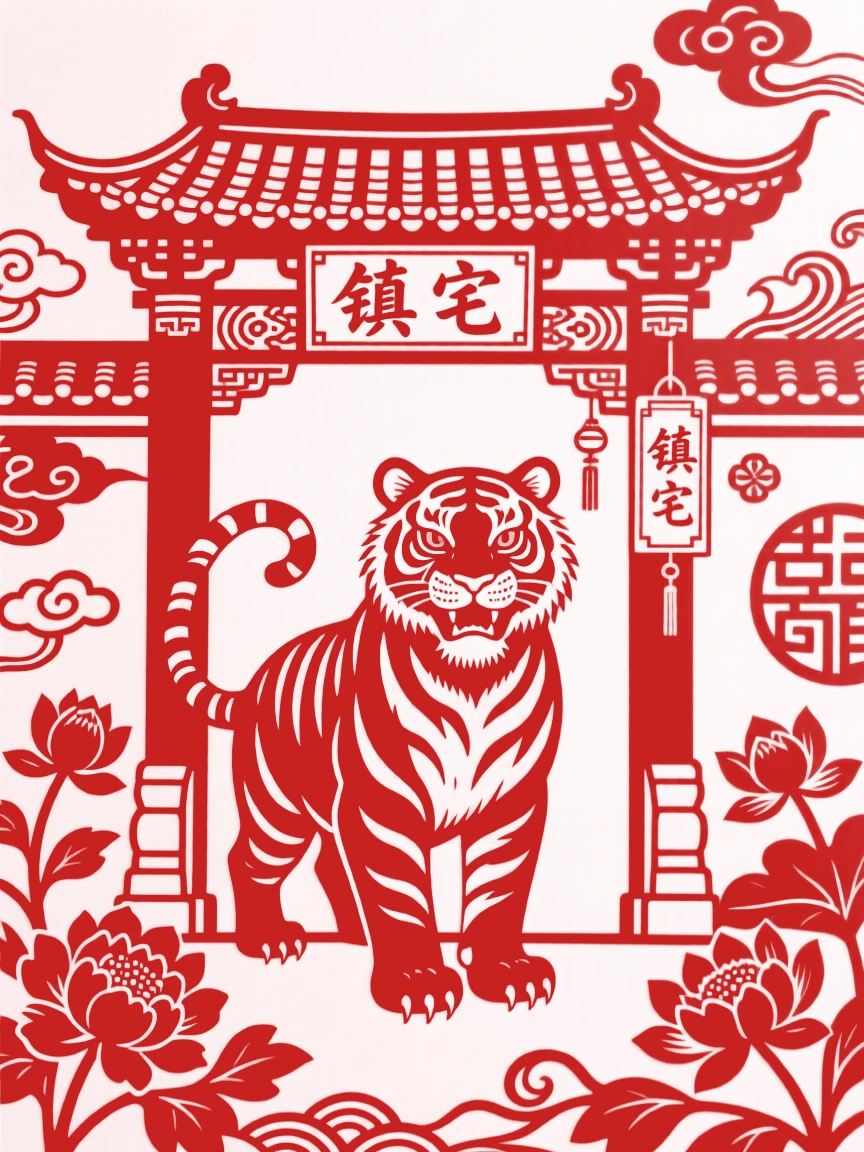 A tiger standing guard before a gate, symbolizing protection and the warding off of misfortune