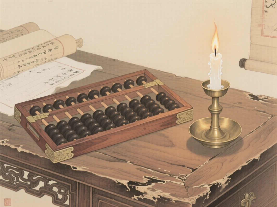 A wooden abacus resting on an old merchant's desk on a wooden tray beside a lit candle