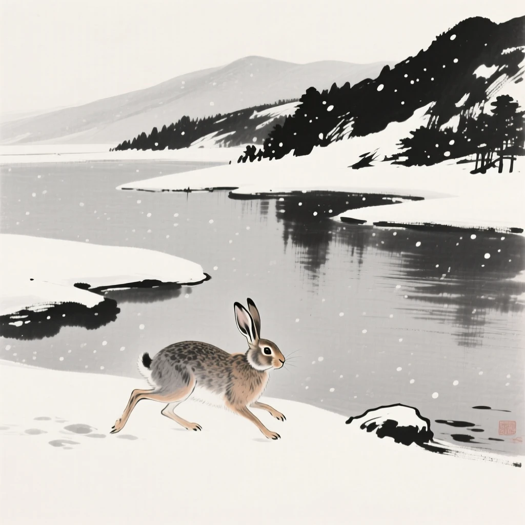 A hare moving silently through falling snow beside a tranquil mountain lake, positioned off-center, leaving space for the quiet landscape around it, suggesting calm alertness within a peaceful world.