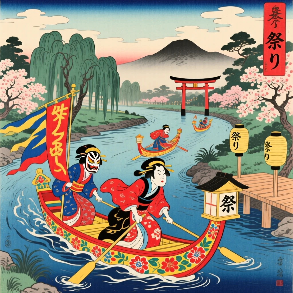 Masked ritual dancers racing brightly decorated boats down a river.
