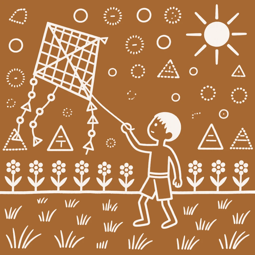 A shy young boy flying a homemade kite in an open field.