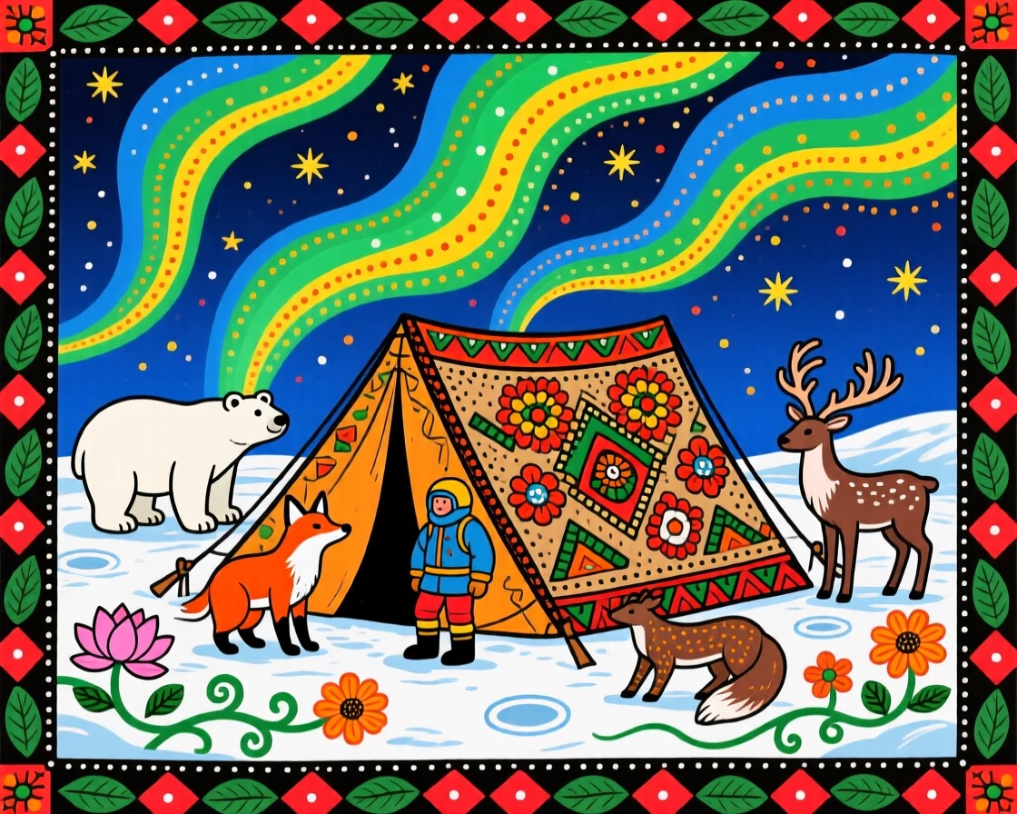 A polar explorer's camp glowing beneath the northern lights.