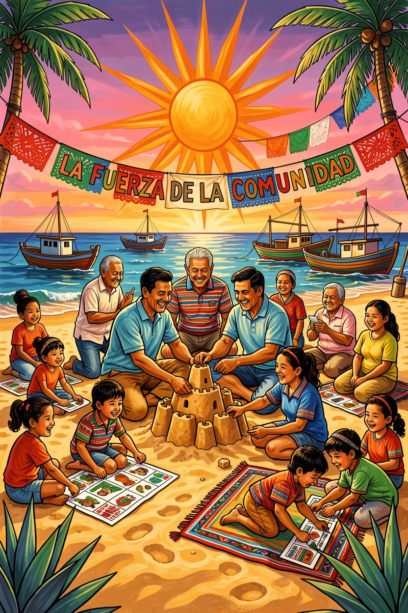 A summer beach scene with families enjoying the warm sand