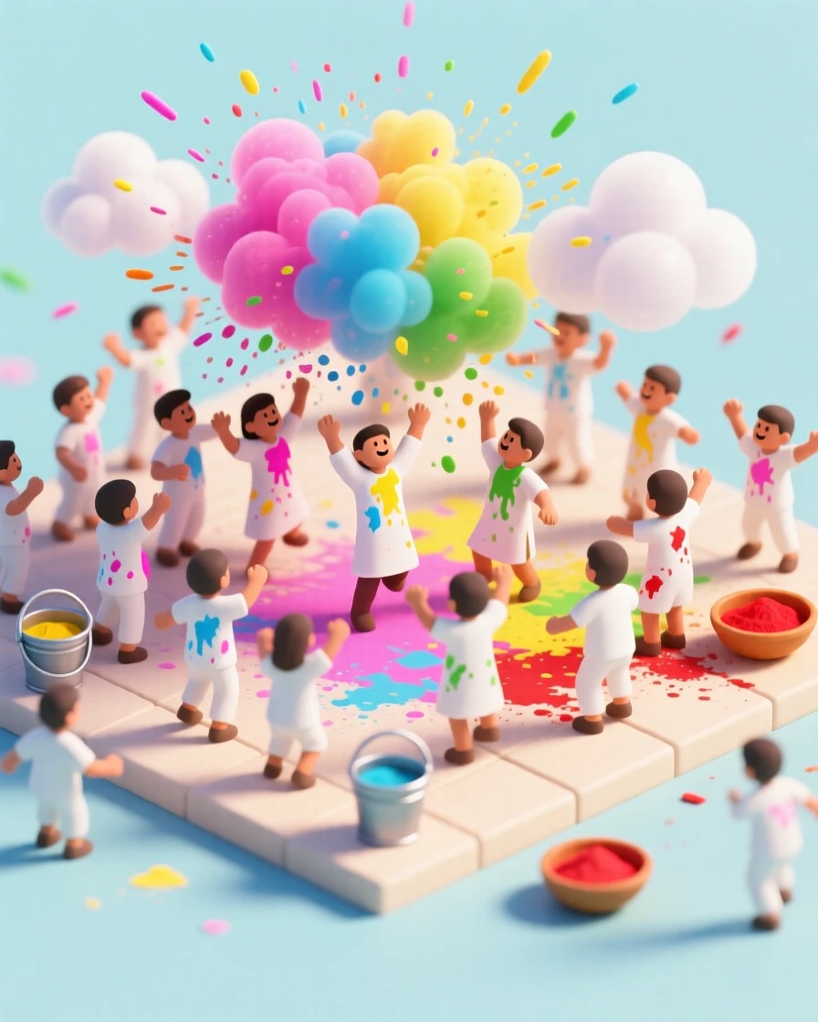 A Holi festival celebration with clouds of colorful powder thrown into the air, joyful crowds dancing amid the vibrant chaos.