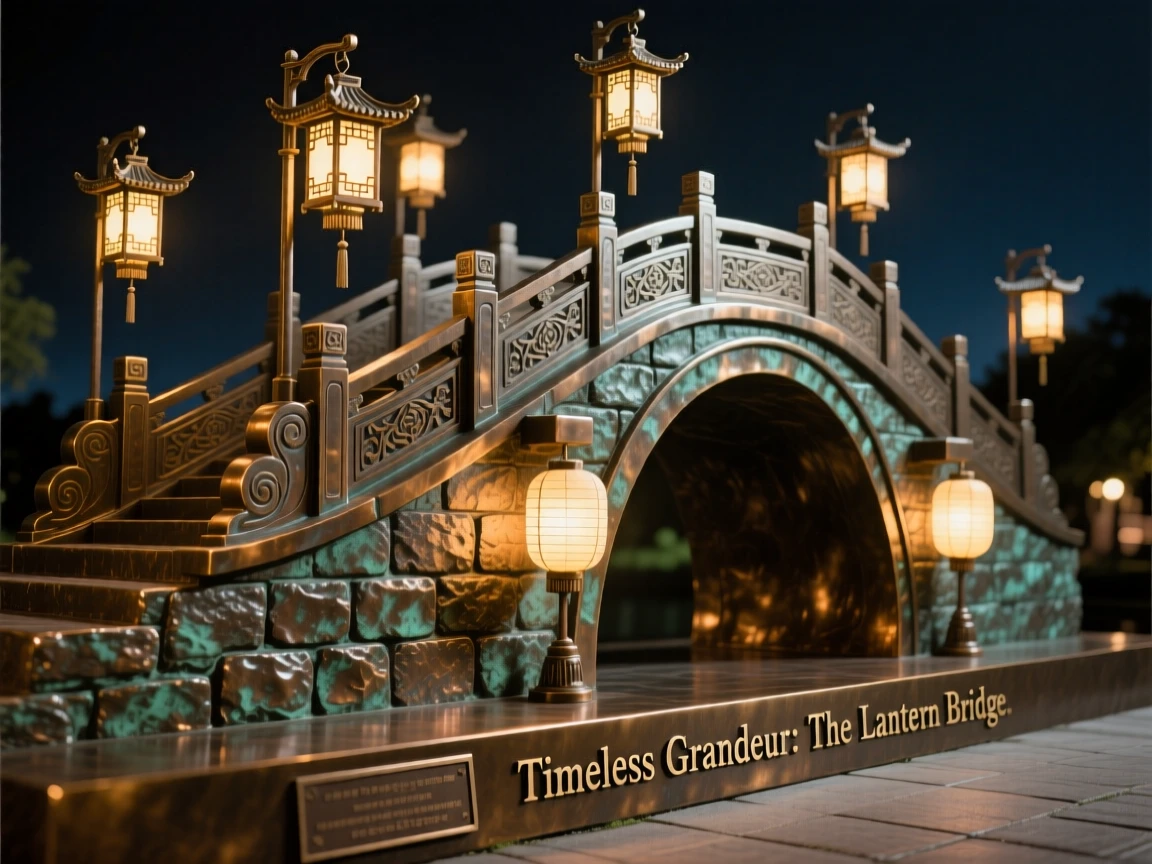 A traditional stone bridge lit by lantern light, rendered with striking symmetry and scale, exuding timeless grandeur