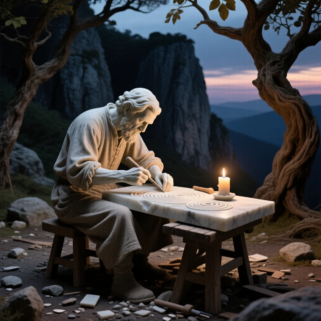 A beautifully composed image of an artisan carving intricate patterns by candlelight, framed by dramatic natural scenery, full of atmosphere and visual storytelling