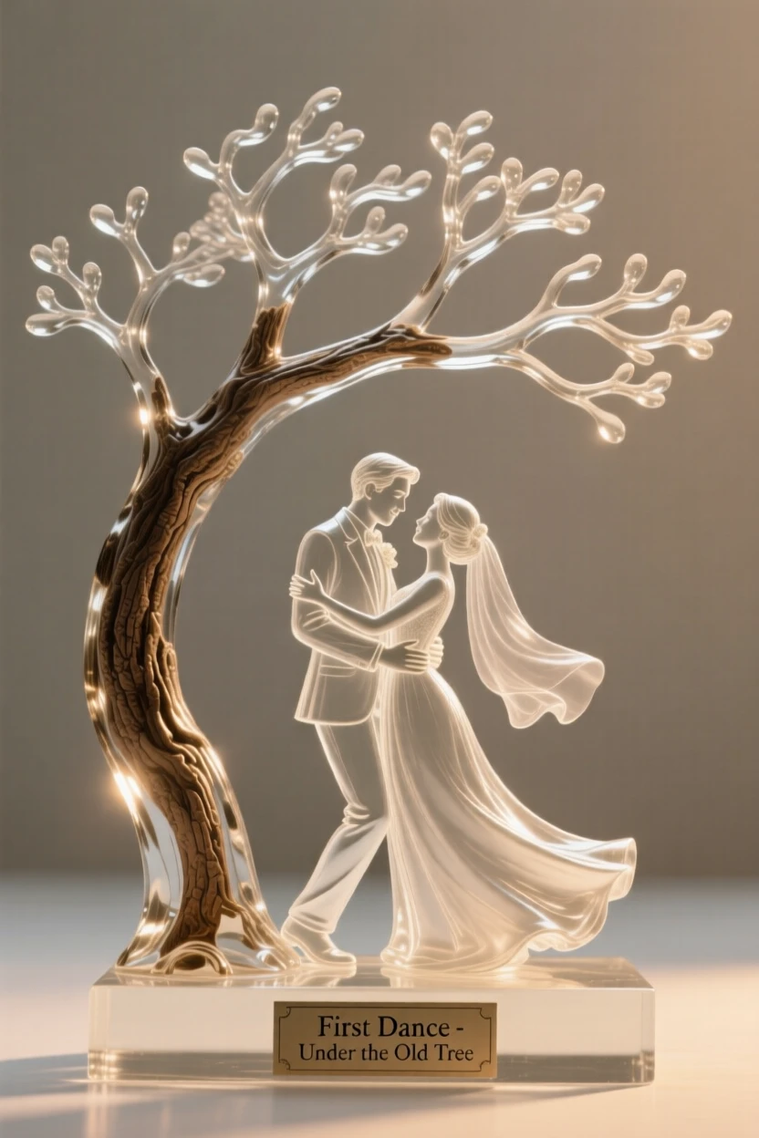 Beneath the shade of a favorite old tree, a newlywed couple sharing their first dance, while a warm light settles over the whole scene