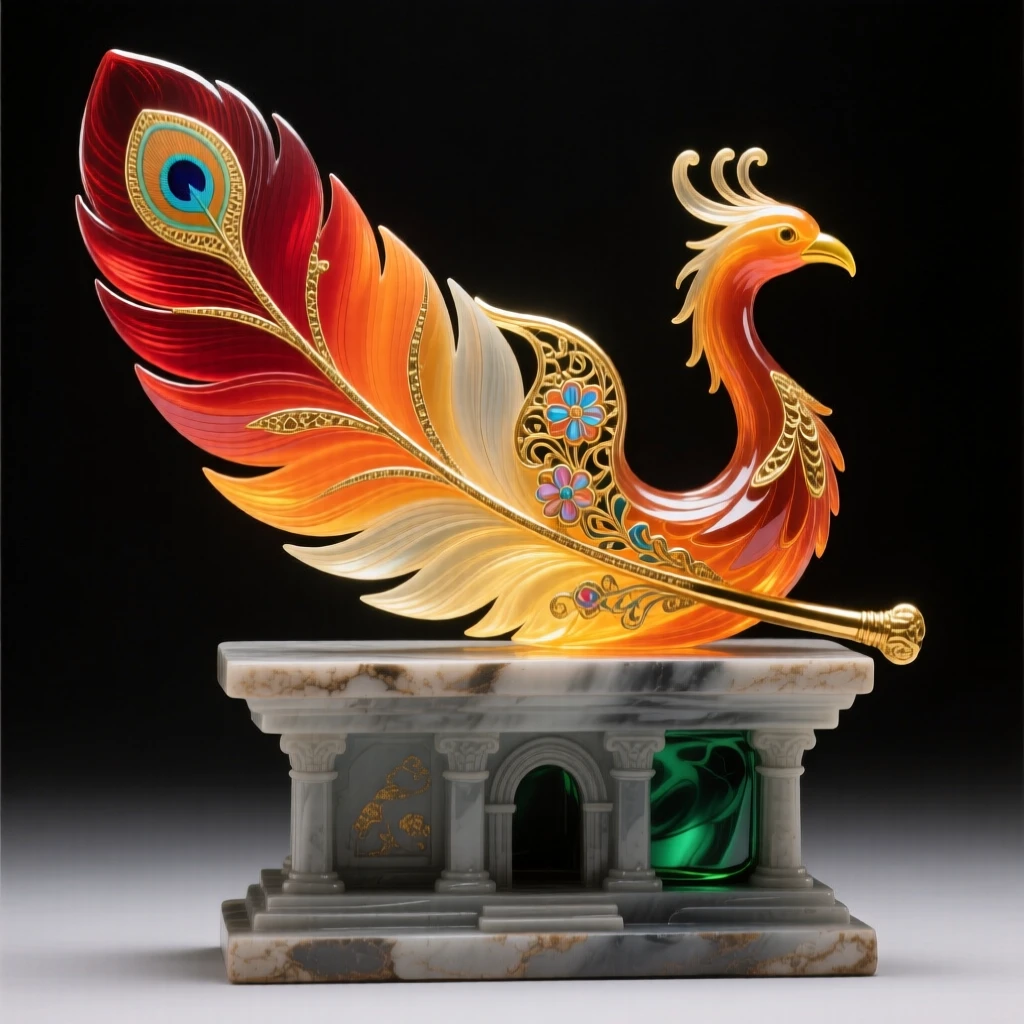 A grand phoenix feather glowing softly atop an ancient temple altar, sacred and radiant.