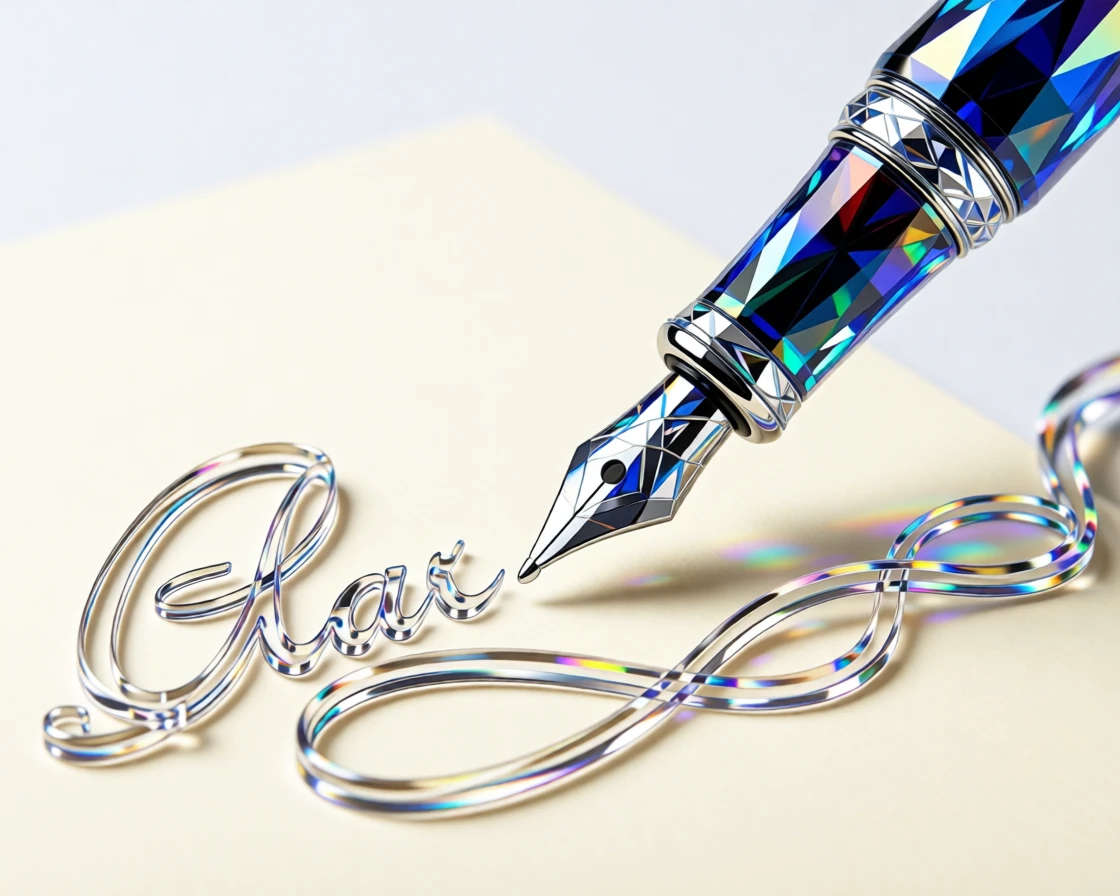 A luxury fountain pen writing elegant calligraphy across cream stationery.