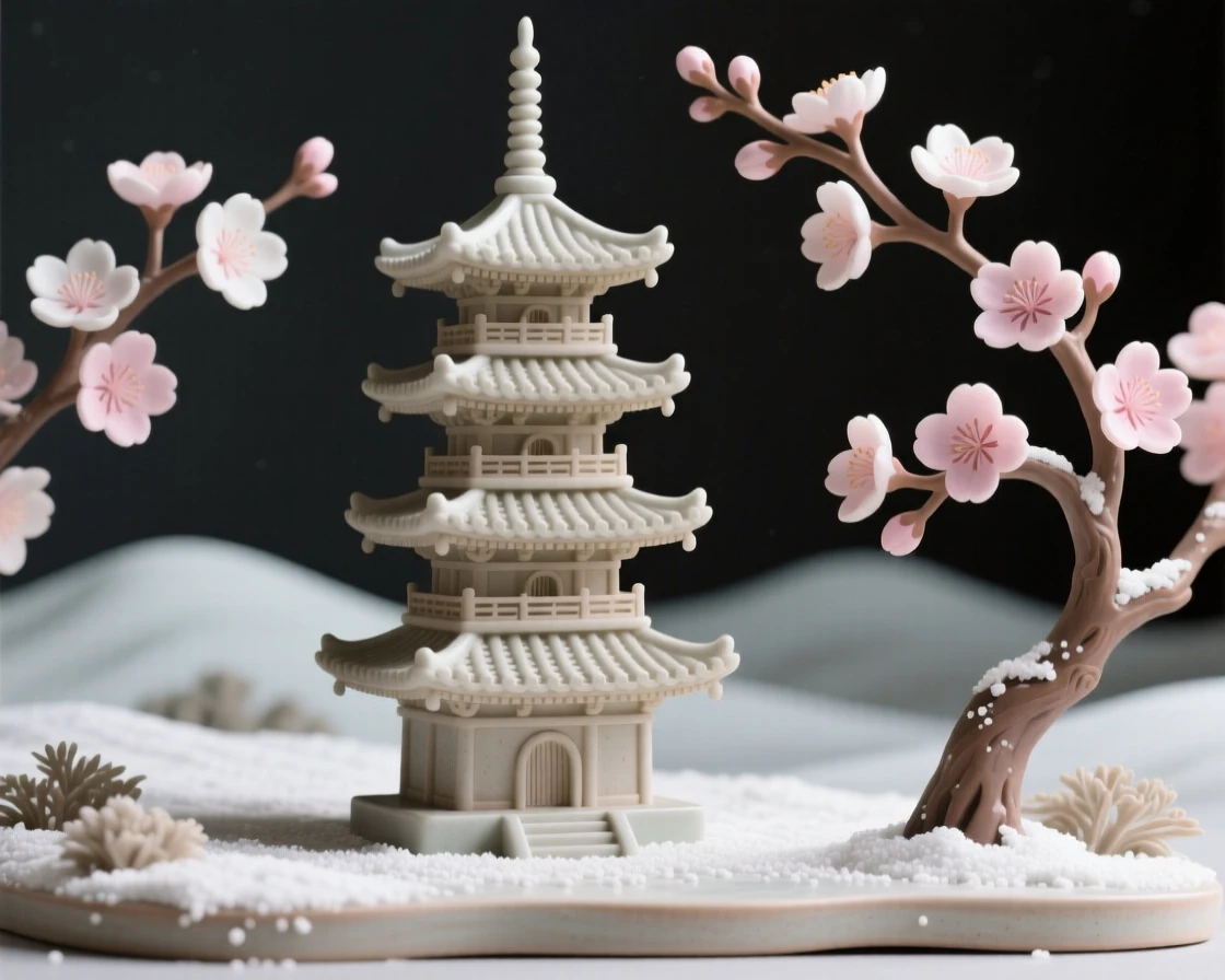 A traditional pagoda framed by cherry blossoms rising quietly above a still landscape, dusted lightly with fresh snow, conveying serenity and architectural majesty.