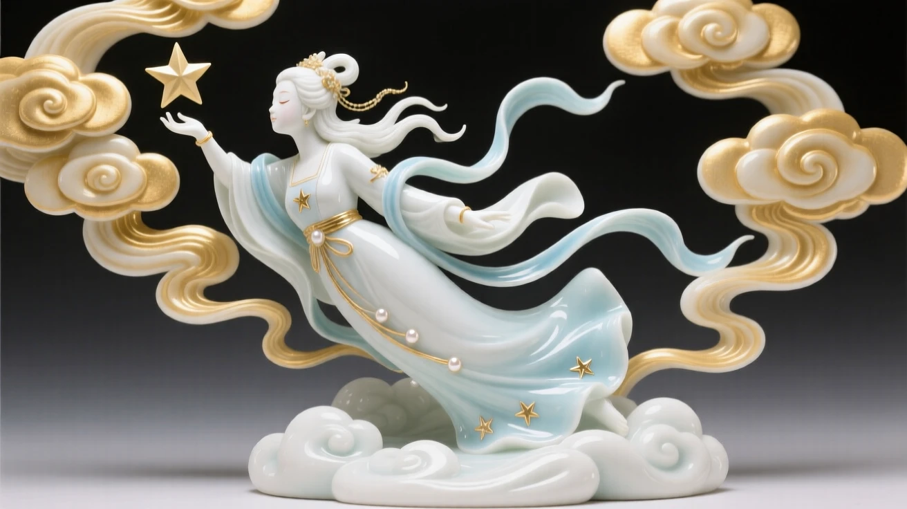 A mythological moment: a celestial star maiden descending from golden clouds, framed by swirling clouds and light.