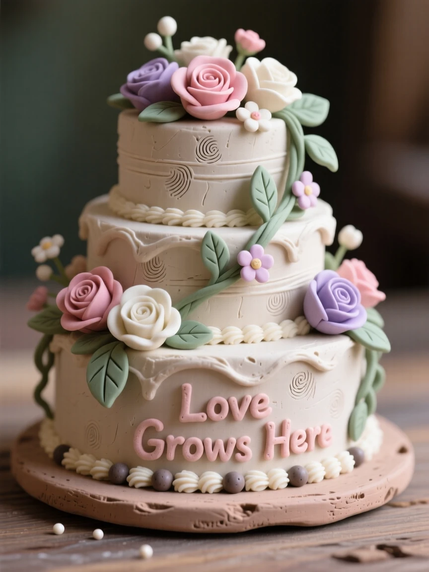 A rustic wedding cake decorated with sugared flowers and greenery