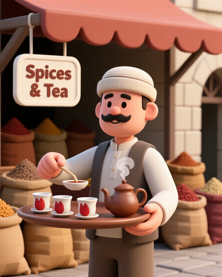 A proud Turkish tea seller balances a tray of small tulip-shaped glasses through a bustling spice market.