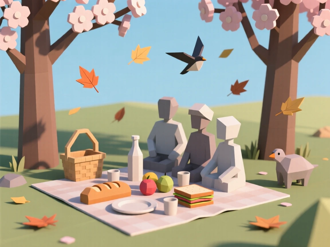 A summer picnic spread beneath blossoming trees, as autumn leaves drift through the air. small charming details enrich the festive setting. A gentle sense of togetherness fills the scene.