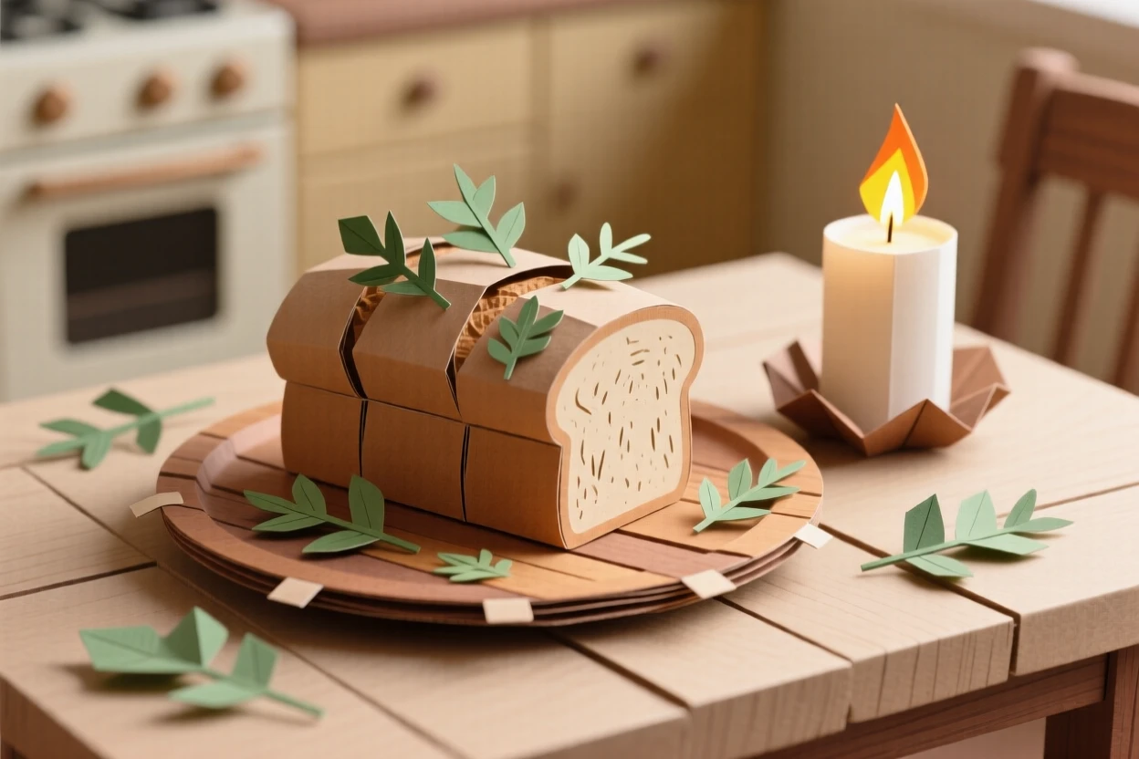 A rustic loaf of artisan bread plated in a cozy candlelit kitchen, with fresh herbs scattered on top, evoking cozy, homemade charm.