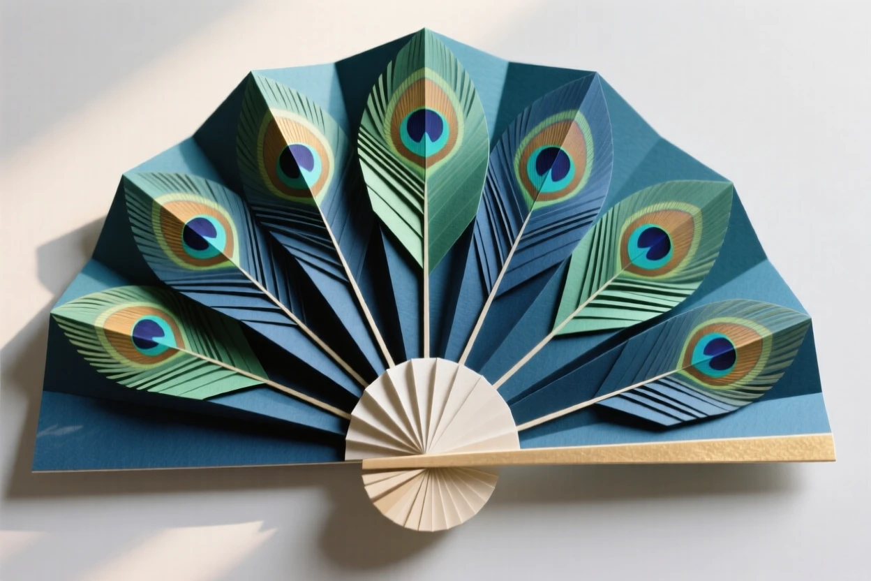 A decorative peacock feather fan spread into a symmetrical circular composition.