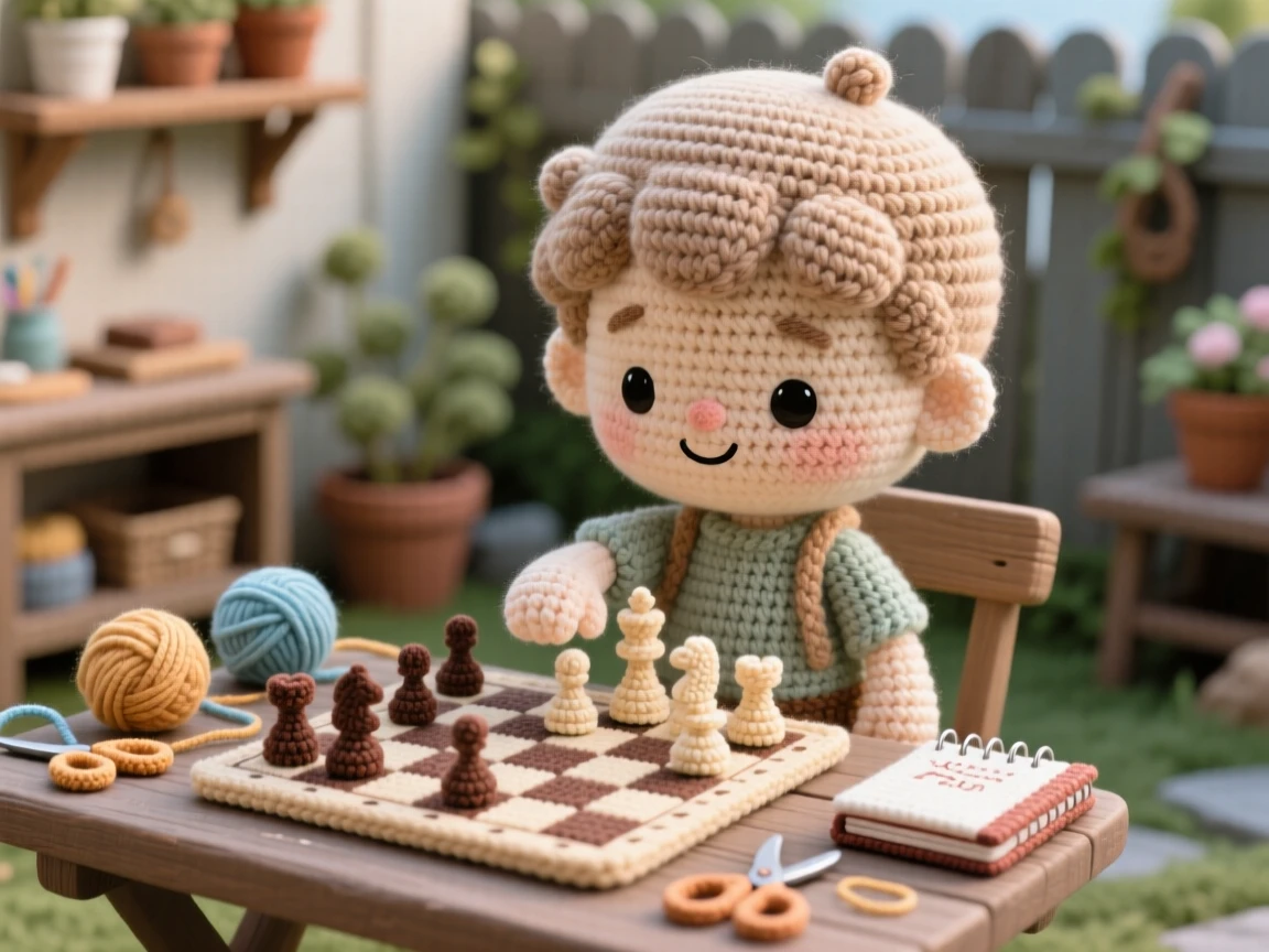 a small boy playing chess, with a thoughtful, focused expression, is captured moving a piece carefully across the board in a quiet backyard workshop beside a scattering of craft supplies on the table, showing joyful discovery and playful learning.