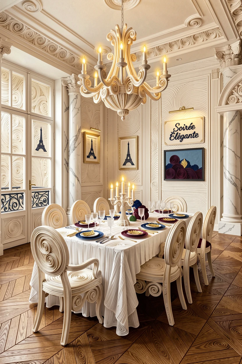 A sophisticated luxury scene of a grand ballroom set for an elegant evening gala in a chic Parisian apartment, with soft candlelight reflecting off polished surfaces, framed with a clean, minimal, high-end aesthetic.