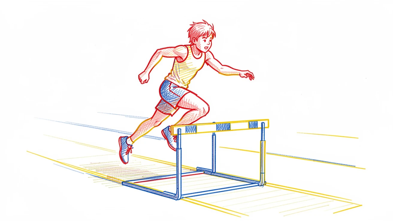 A young athlete practicing hurdles on an empty morning track
